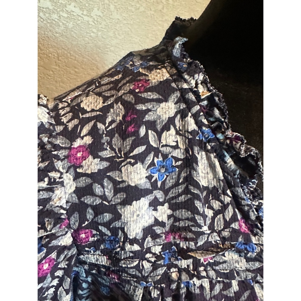 Democracy Womens Floral V-Neck Ruffle Blouse Blue 3/4 Sleeve Top L Cottagecore - Picture 4 of 16